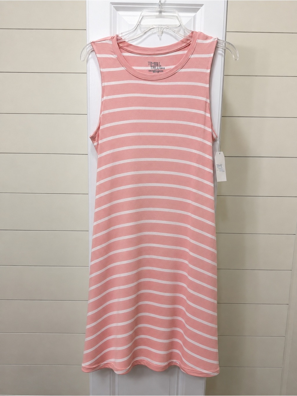 Time and Tru Size L Pink White Striped Sleeveless Knit Dress NWT